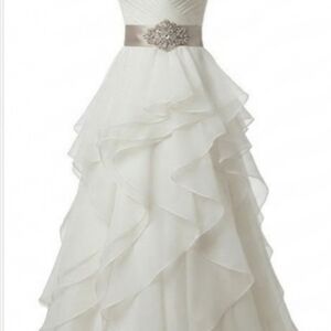 Elegant White Ruffled Strapless Bridal Gown with Satin Waistband
